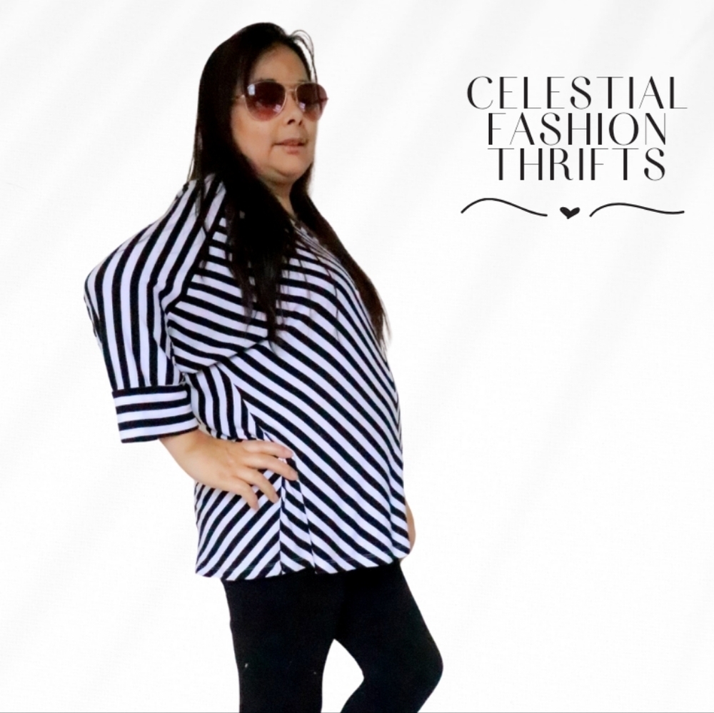 APT 9 WOMENS SIZE XL BLACK & WHITE STRIPE SHIRT - Picture 2 of 3